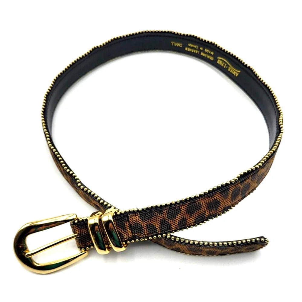 Amiee Lynn Leopard Print Leather Belt Gold Studded with Gold Buckle Size Small